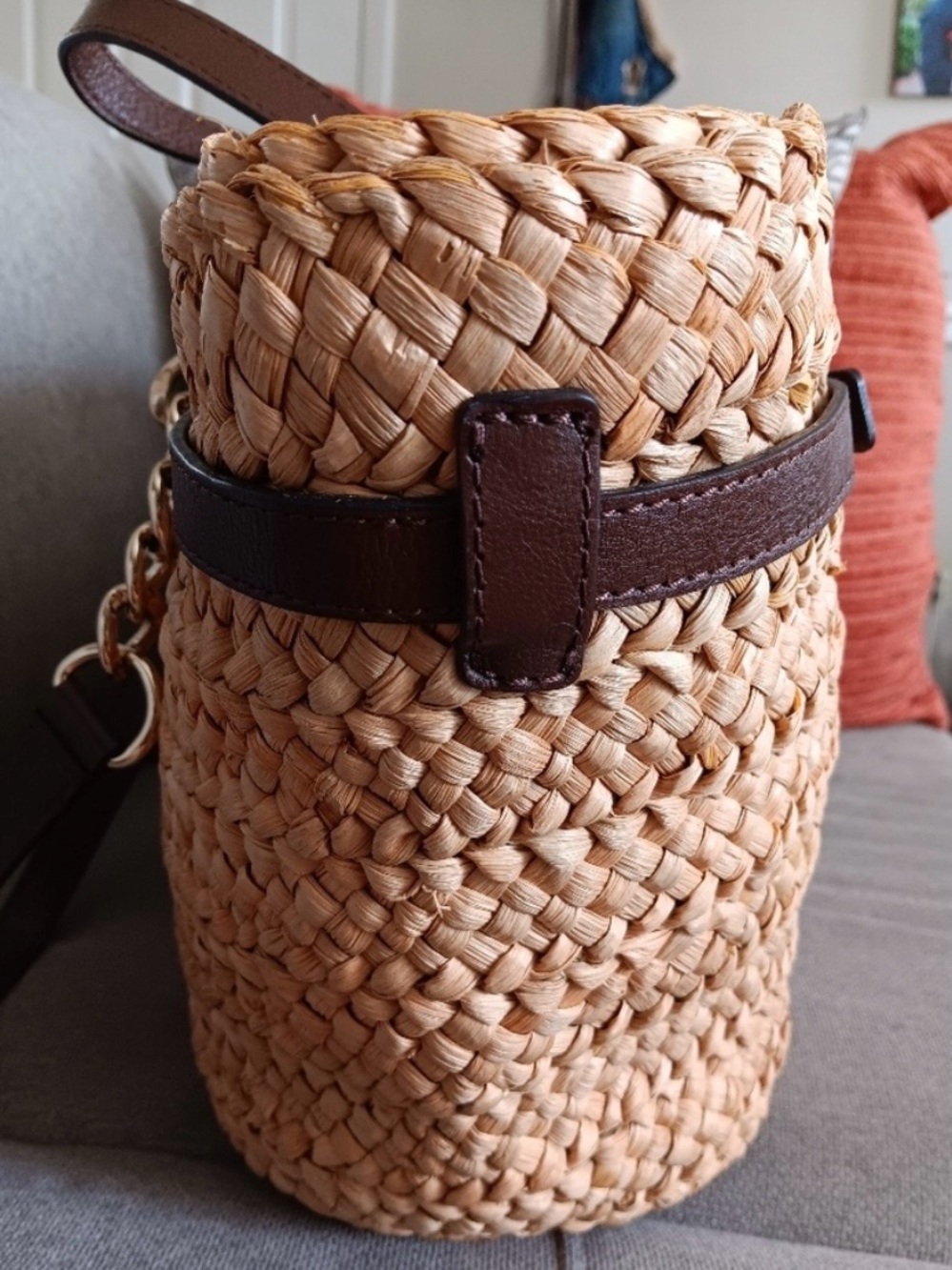 Michael Kors Natural Straw Tote with Dark Brown Leather Trim and Gold Hardware - Picture 9 of 11